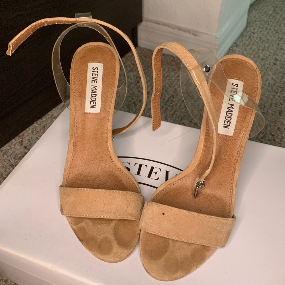 Suede strap heel with clear back